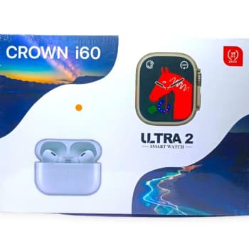 Premium Crown i60 7-in-1 Ultra Smartwatch Bundle Featuring Wireless Airpods and 7 Luxury Interchangeable Straps with Large HD Display and Bluetooth Calling for Men and Women